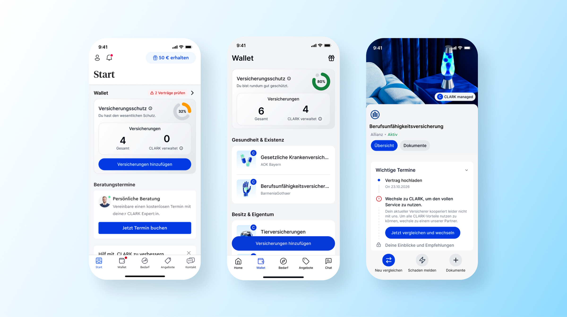 CLARK App — Digital Insurance Wallet screens